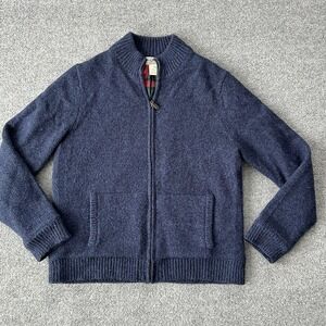 LL Bean Sweater Jacket Mens Large Blue Lambswool Full Zip Plaid Lined Cardigan